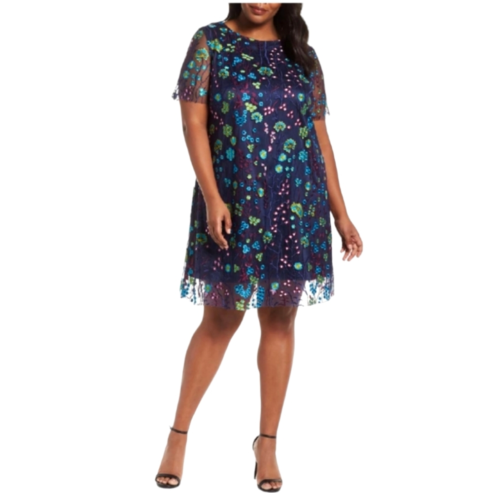 Tahari Indigo Blue Mesh Green,Aqua Purple Floral Shortsleeve Shift Dress